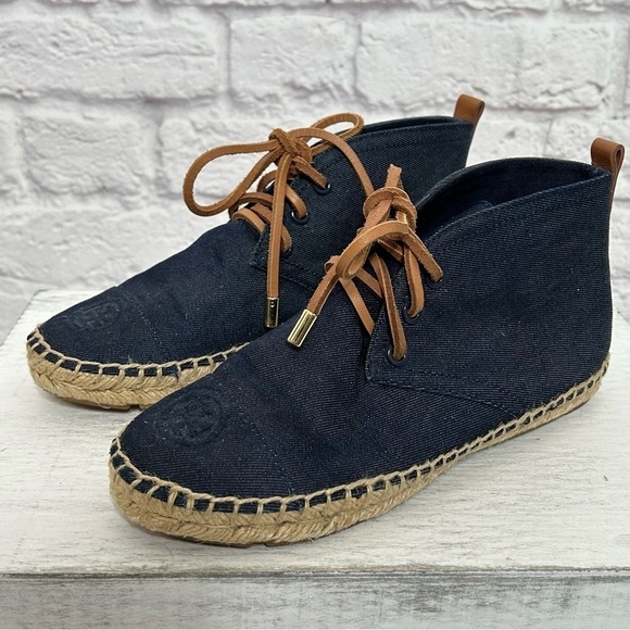 Tory Burch Navy Canvas Espadrille Lace Up Ankle Bootie Flats - Picture 6 of 16
